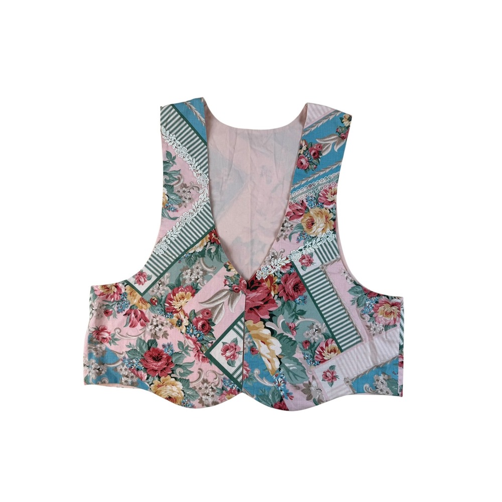 Cottagecore Floral Patchwork Cotton Vest Lace Trim Large Handmade